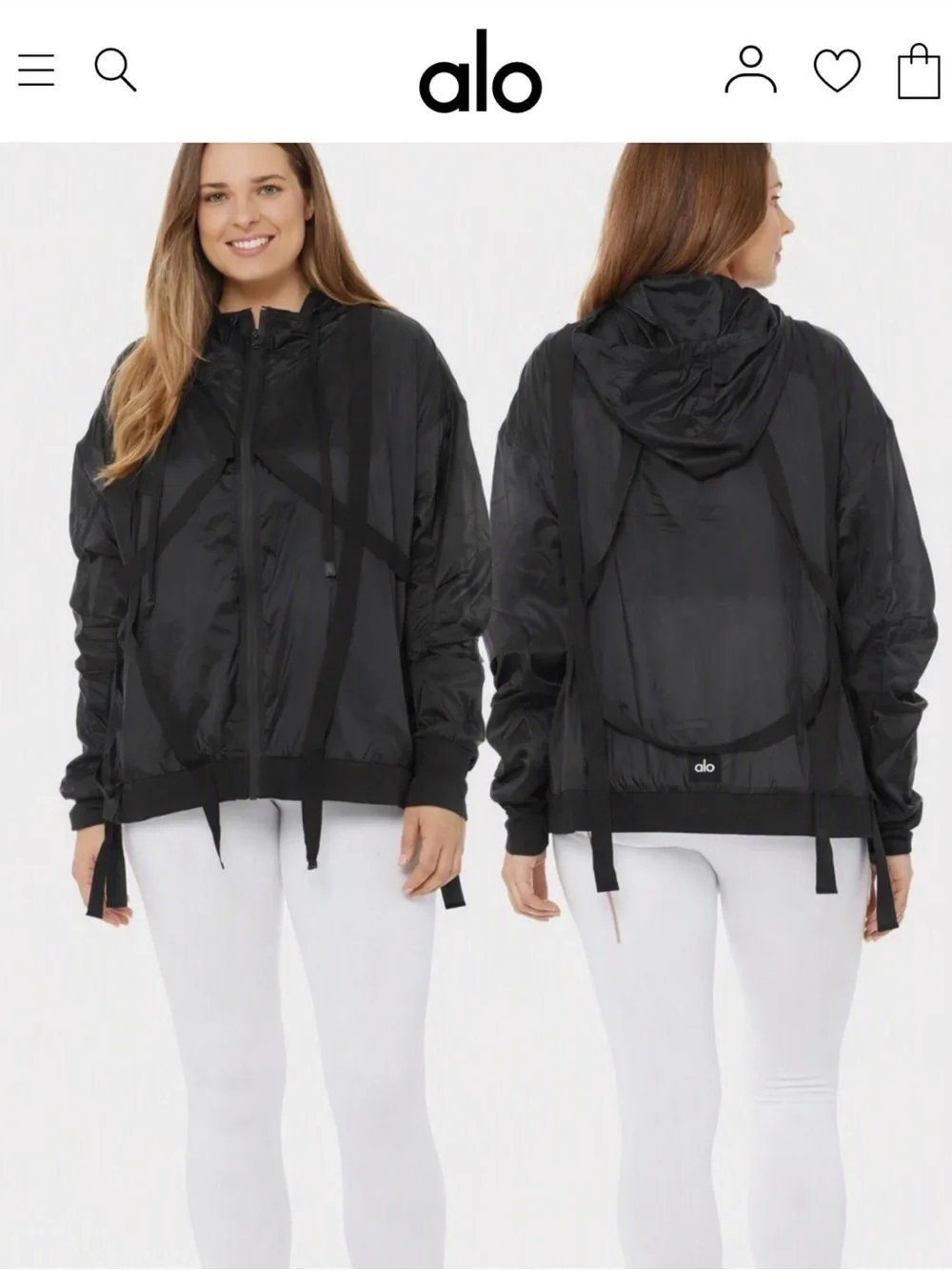 Alo Yoga Sway Jacket Black XL Strap Detail Shine Finish Streetwear Luxe Hooded